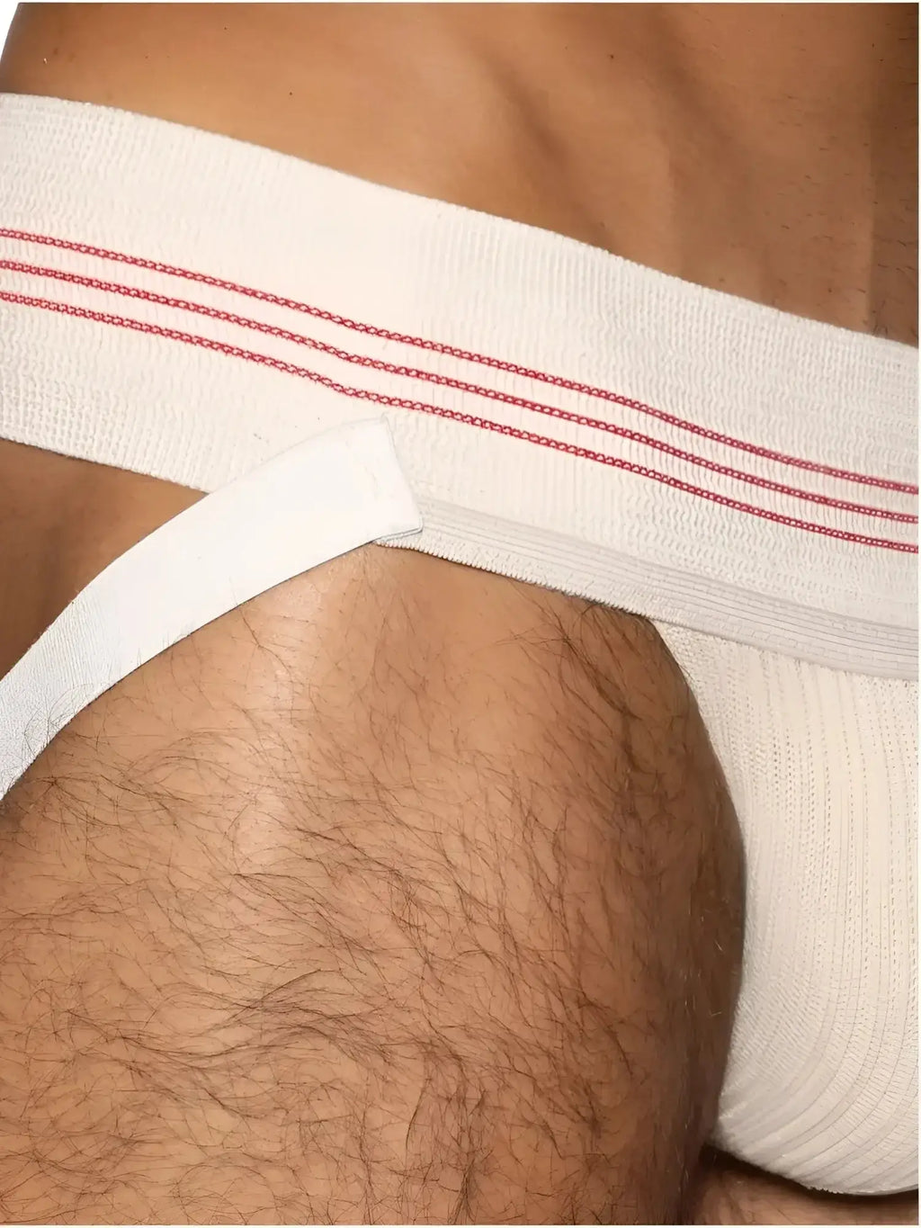 BIKE Athletic BAS333 Classic Retro jockstrap in vintage cream, close-up lifestyle shot of the waistband and straps.