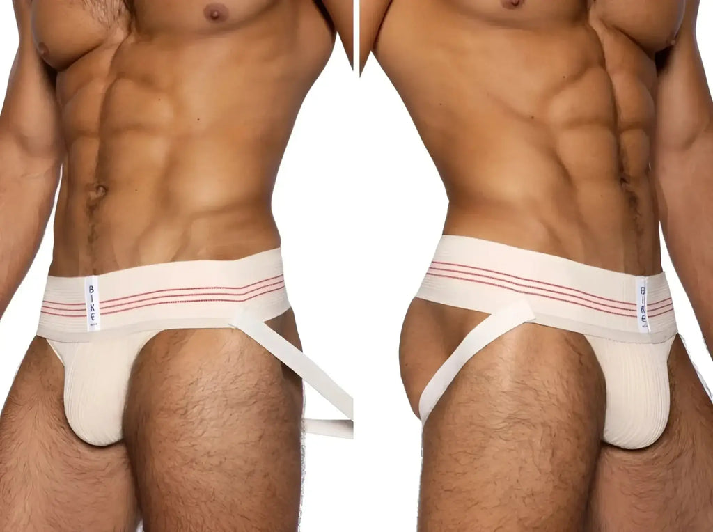 BIKE Athletic BAS333 Classic Retro jockstrap in vintage cream, showing front and side views on a male model.