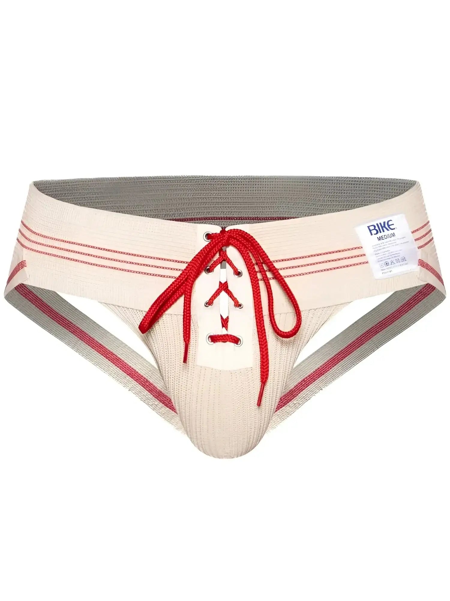 Front view of the BIKE Athletic BAS343 vintage jockstrap in vintage cream with red lace-up detail.