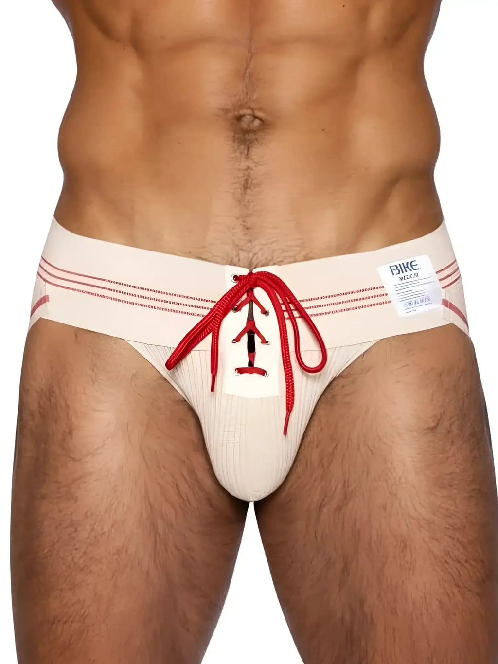 Front view of the BIKE Athletic BAS343 Vintage Lace-up Jockstrap in vintage cream on a model.