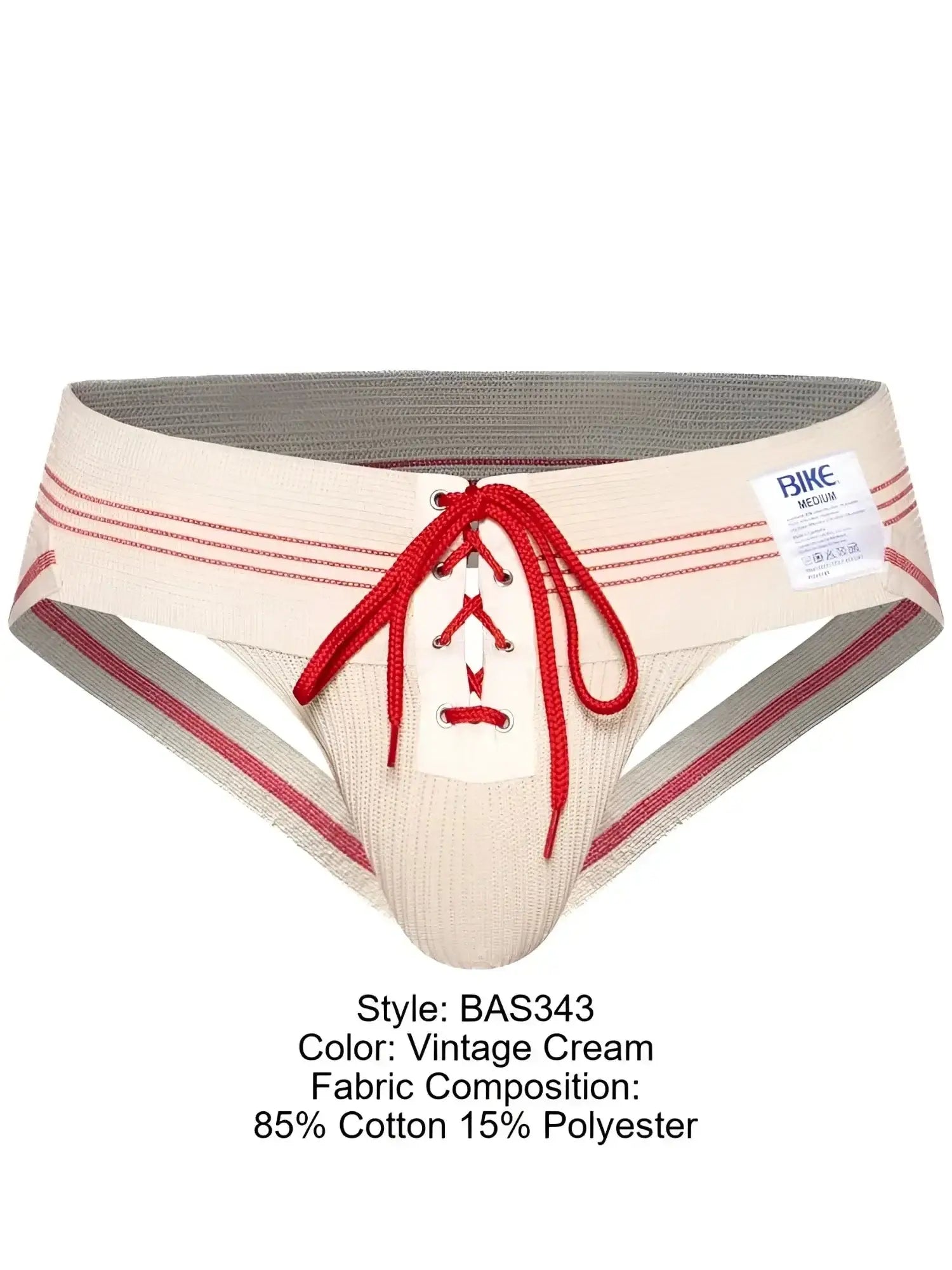 Vintage cream ribbed cotton-blend jockstrap with red lace-up front and grey elastic trim.