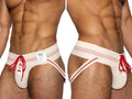 Front and side view of BIKE Athletic BAS343 vintage lace-up jockstrap in vintage cream.