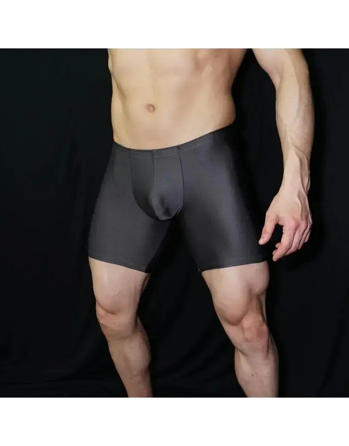 Steel grey compression shorts by Arroyman featuring a snug fit and smooth fabric shown on a model.