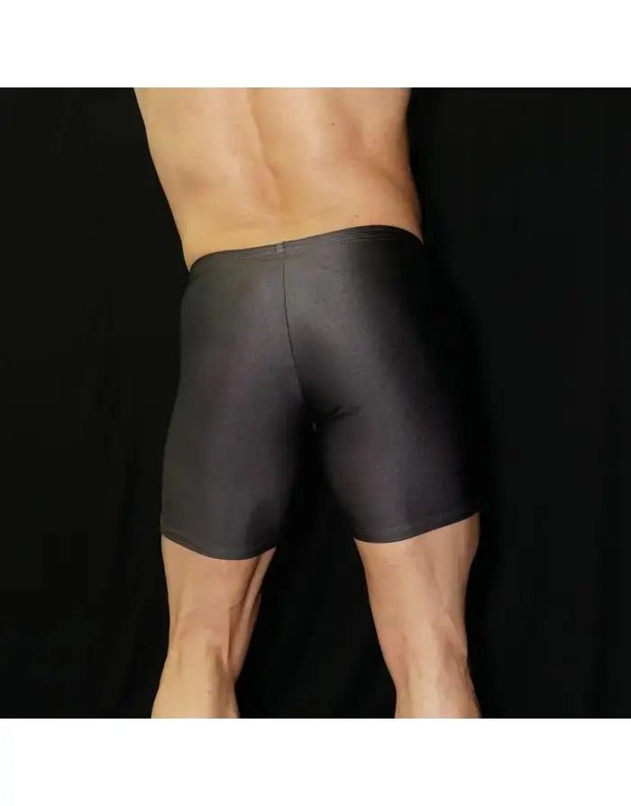 Steel grey compression shorts by Arroyman featuring a snug fit and smooth fabric shown from the back on a model.