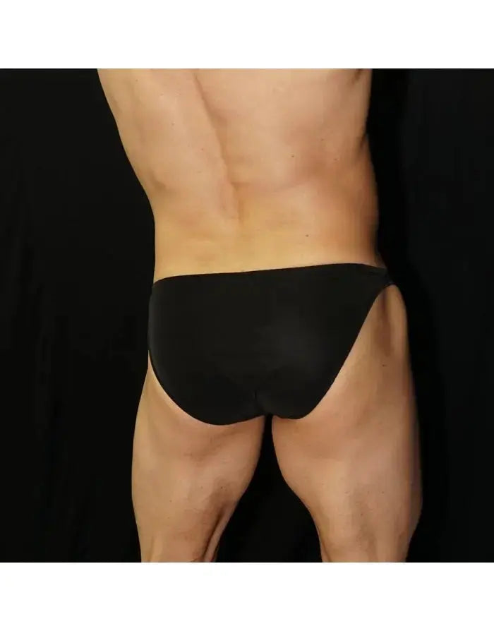 Black eco-leather bikini underwear by Arroyman featuring a sleek design and minimal coverage shown from the back.
