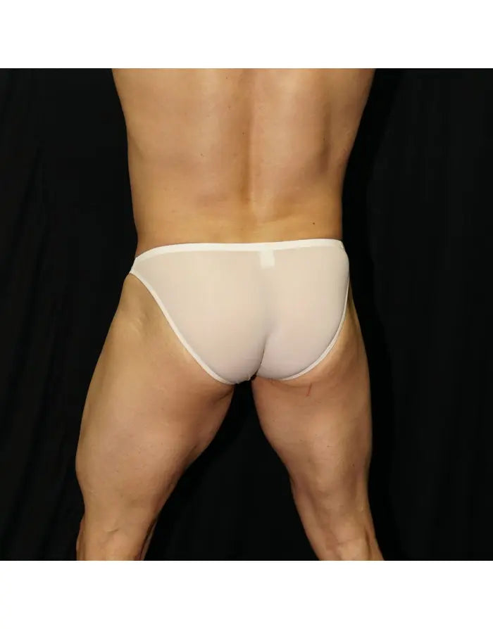 Men's cream bikini underwear by Arroyman featuring a silky finish and minimal coverage shown from the back.