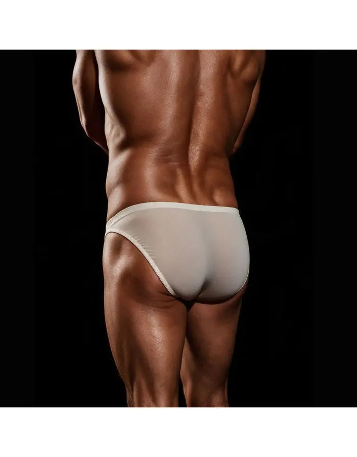 Men's silky cream bikini underwear by Arroyman featuring a smooth fit and minimal coverage shown from the back.