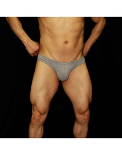 Gray melange bikini underwear by Arroyman featuring a snug fit and minimal coverage shown on a male model.