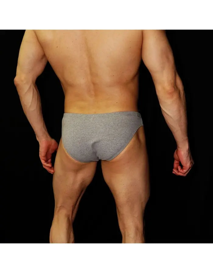 Men's gray melange bikini underwear by Arroyman featuring a snug fit and smooth fabric shown from the back.