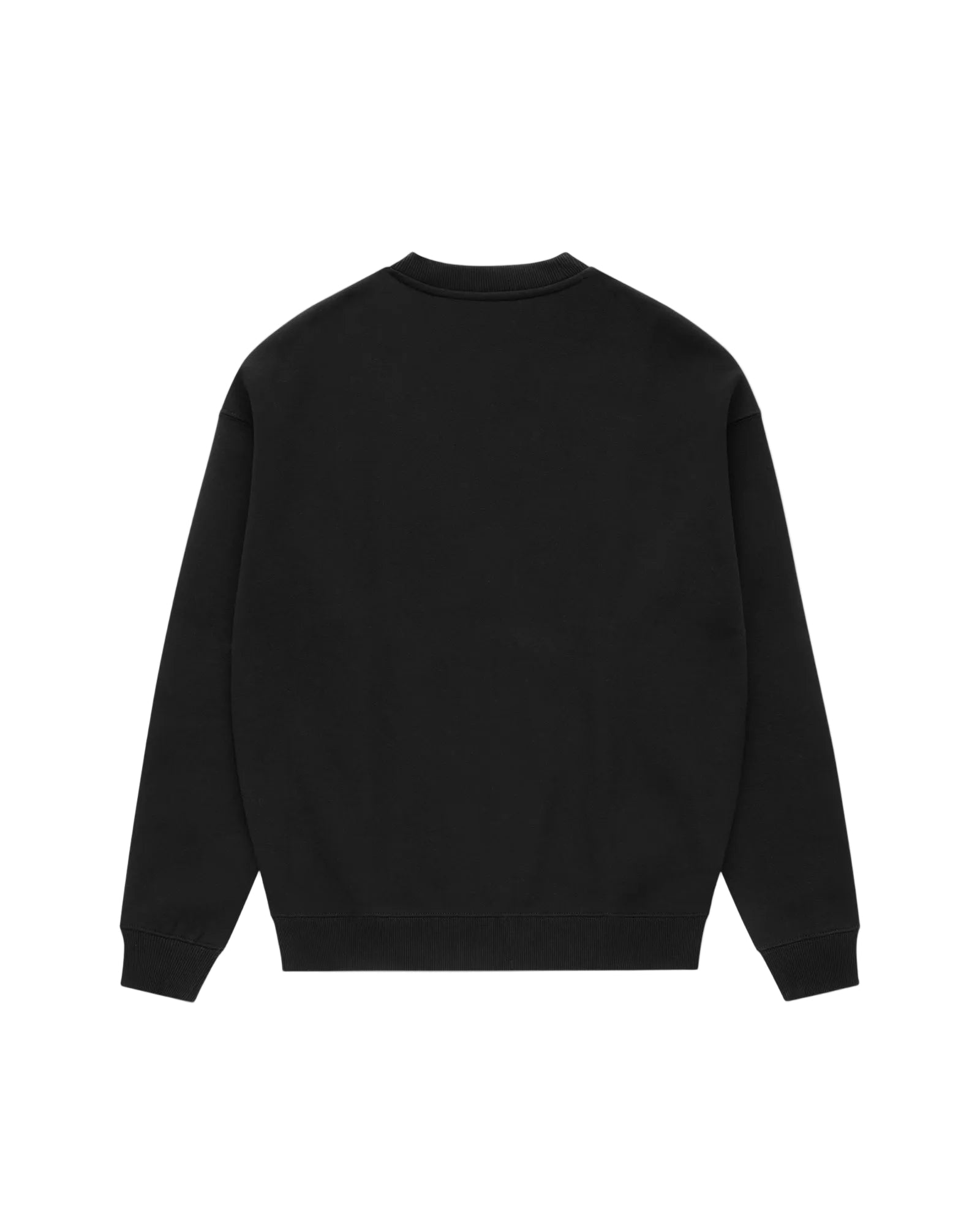 Back view of a plain black long-sleeve crewneck sweatshirt with ribbed cuffs and hem on a white background.