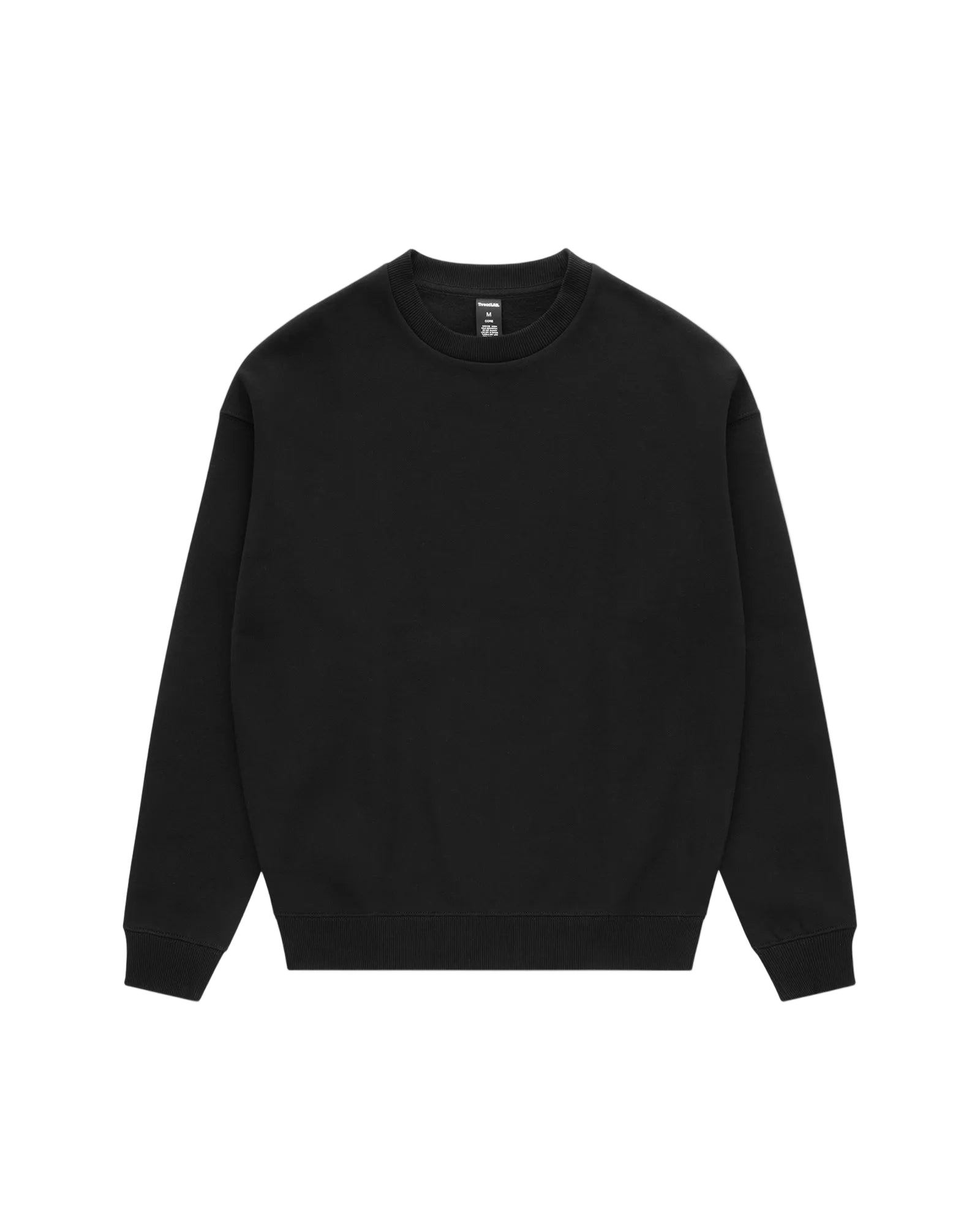 A solid black long-sleeve crewneck sweatshirt with ribbed cuffs, hem, and collar, isolated on a white background.