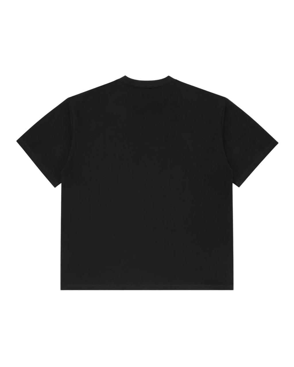 Back view of a plain black premium short-sleeve crewneck t-shirt with a relaxed, boxy fit.