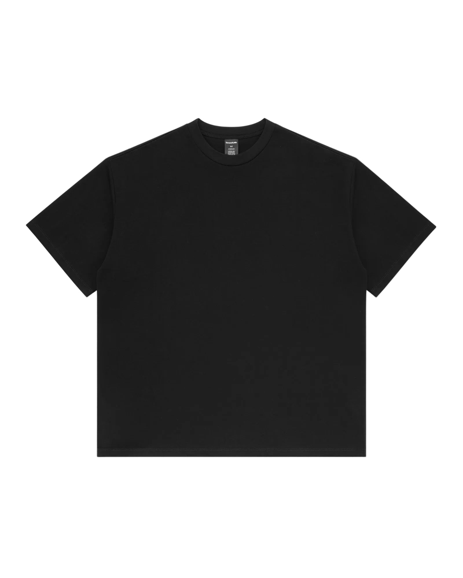 A plain, black, short-sleeve premium t-shirt with a classic crew neck, displayed against a white background.