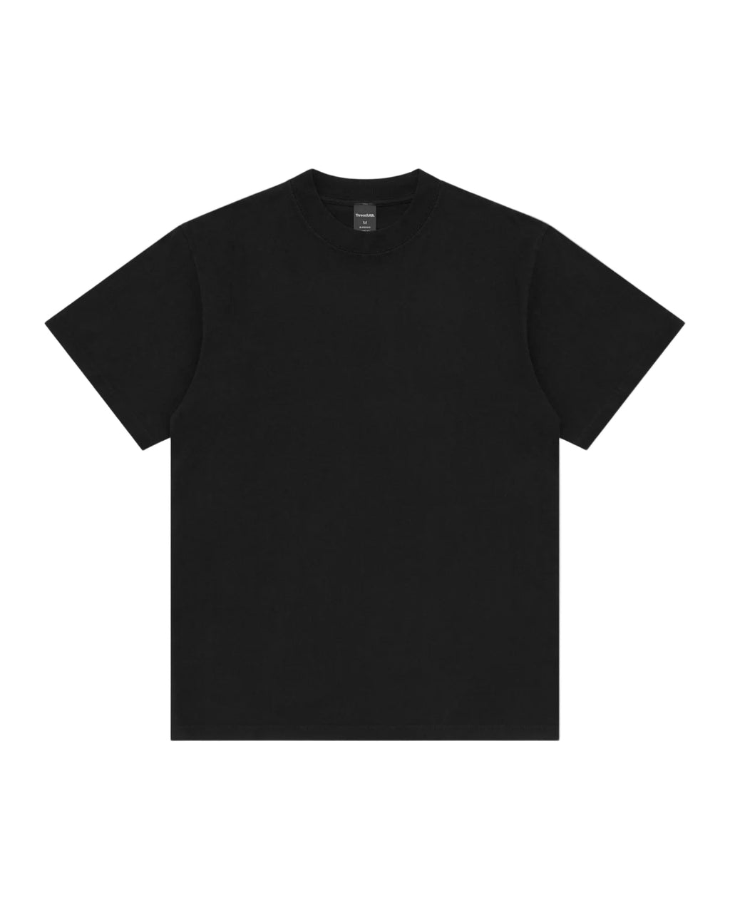 A solid black, short-sleeved crew neck t-shirt with a structured collar, displayed against a plain white background.