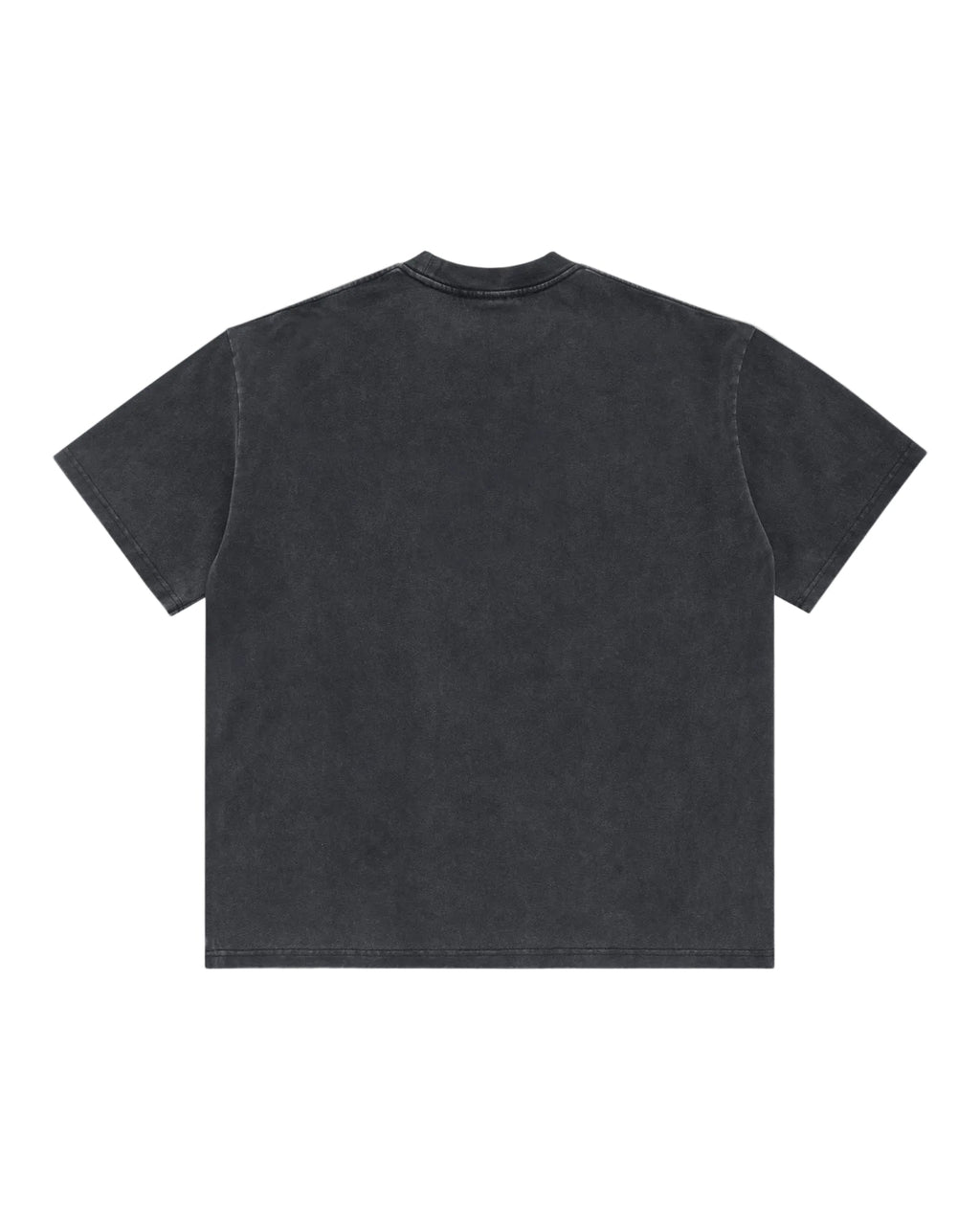 Back view of a premium charcoal black t-shirt with a vintage-style, faded wash and a classic crew neck.