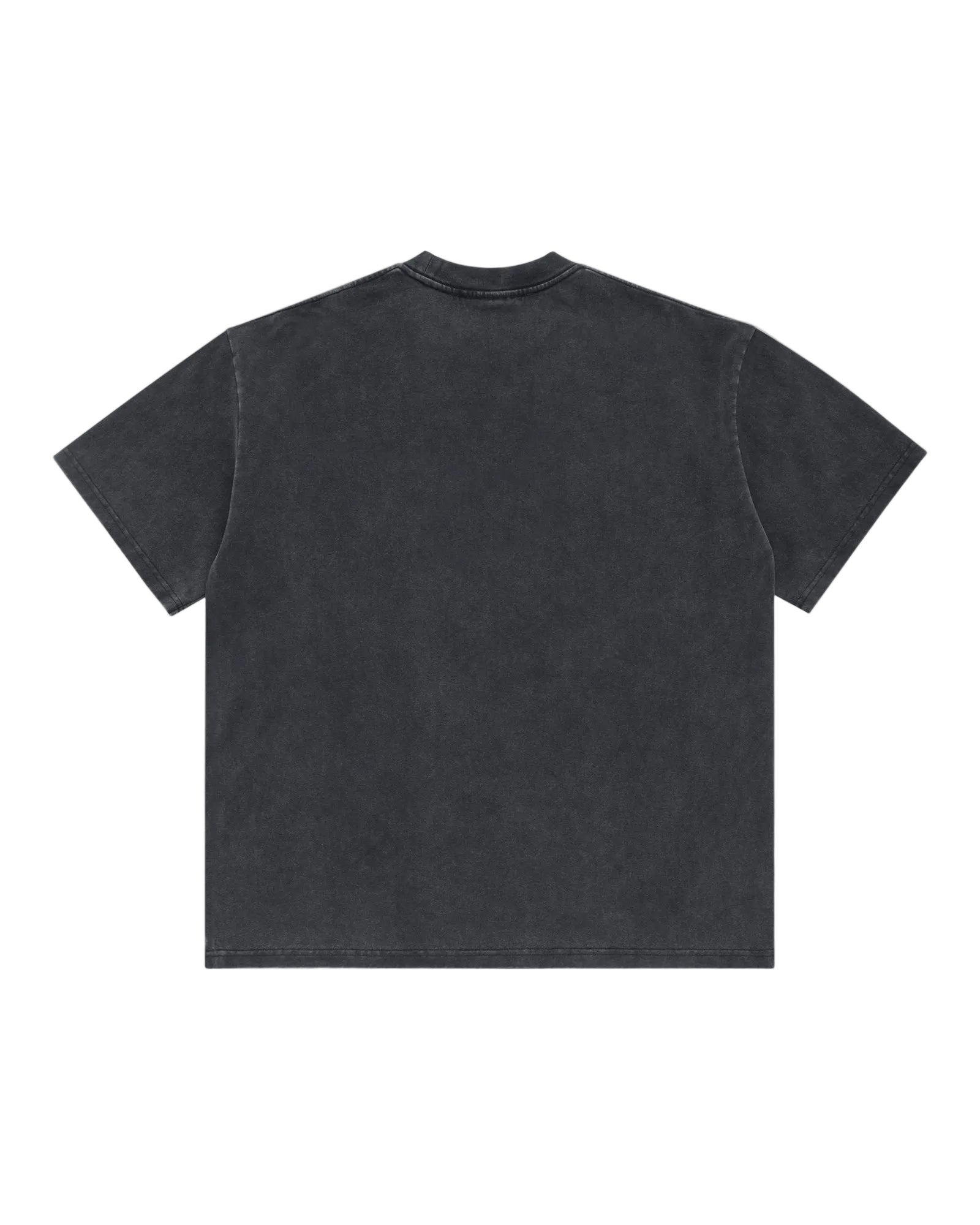 Back view of a premium charcoal black t-shirt with a vintage-style, faded wash and a classic crew neck.