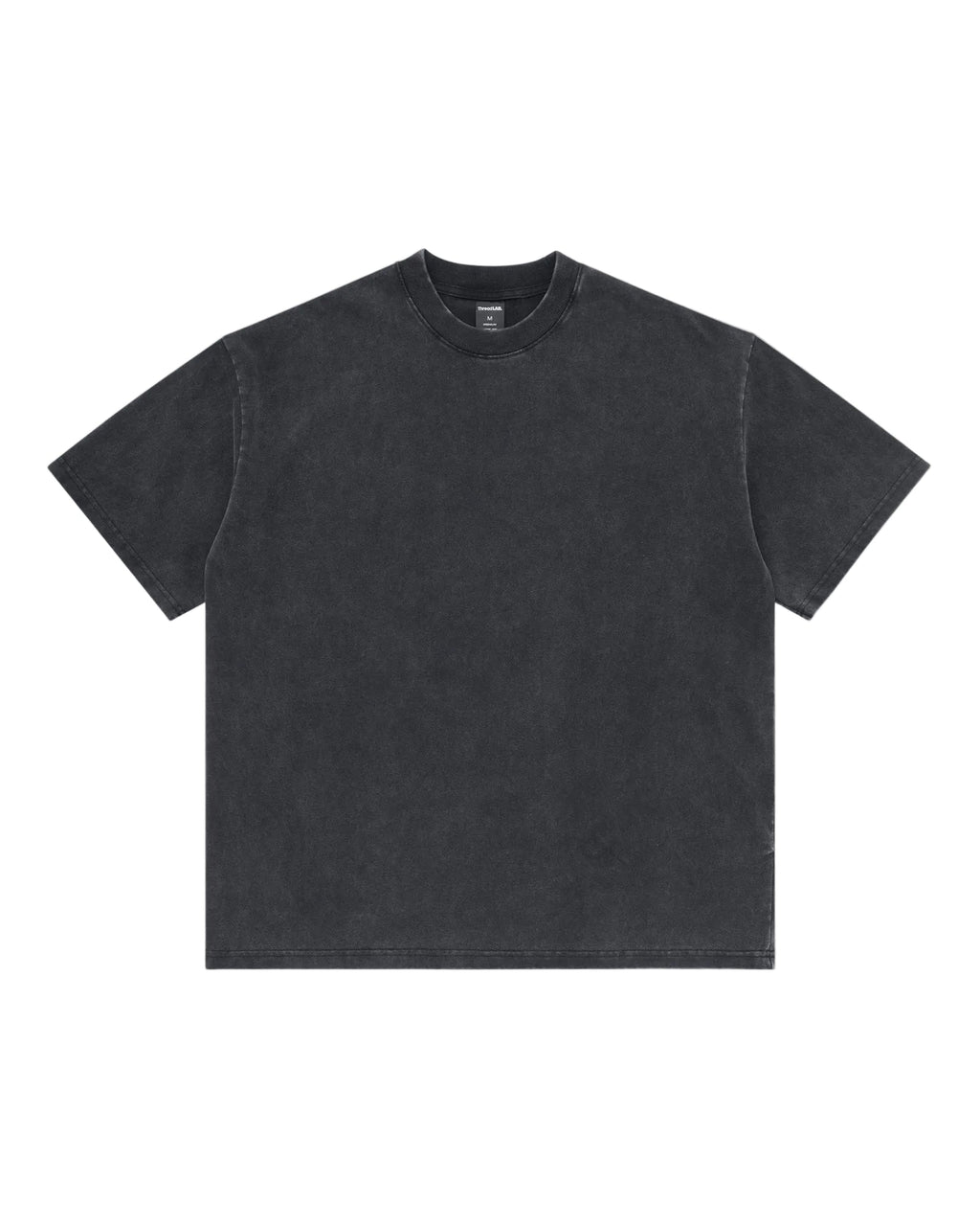 Short-sleeve charcoal grey premium t-shirt with a vintage wash, crew neck, and boxy, relaxed fit.