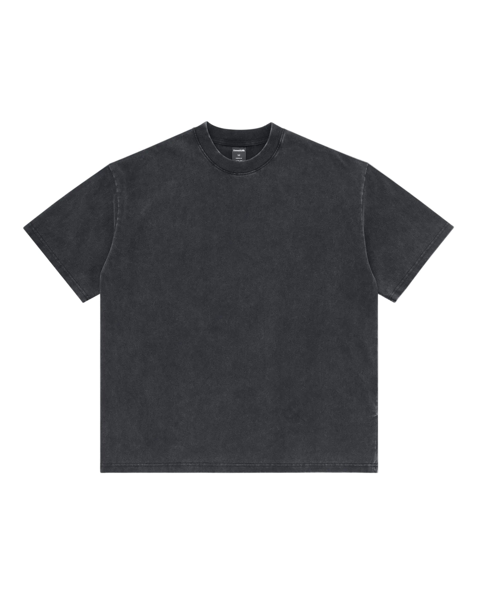 Short-sleeve charcoal grey premium t-shirt with a vintage wash, crew neck, and boxy, relaxed fit.