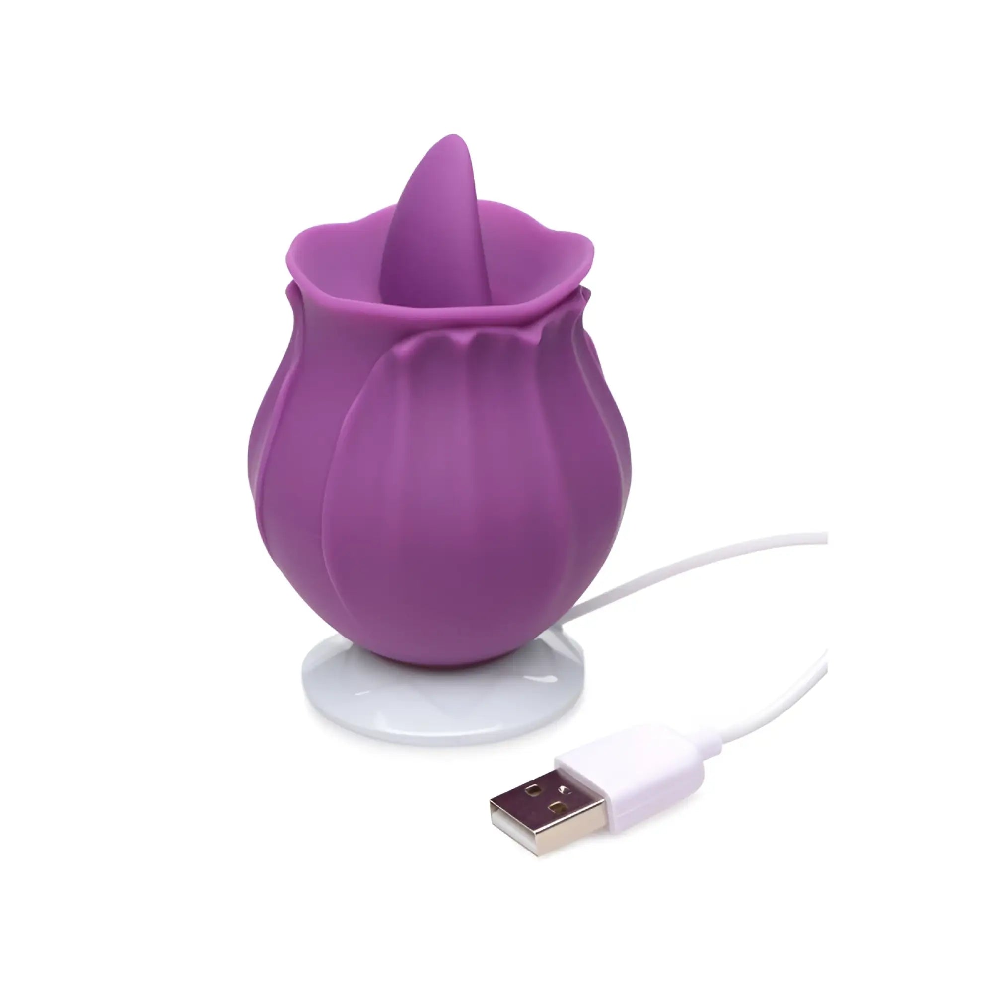 Purple silicone rose-shaped usb rechargeable vibrator with white charging base and cable from Bloomgasm Wild Violet 10X Licking