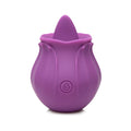 Purple silicone rose-shaped vibrator with rounded base and petal folds by bloomgasm wild violet 10x licking