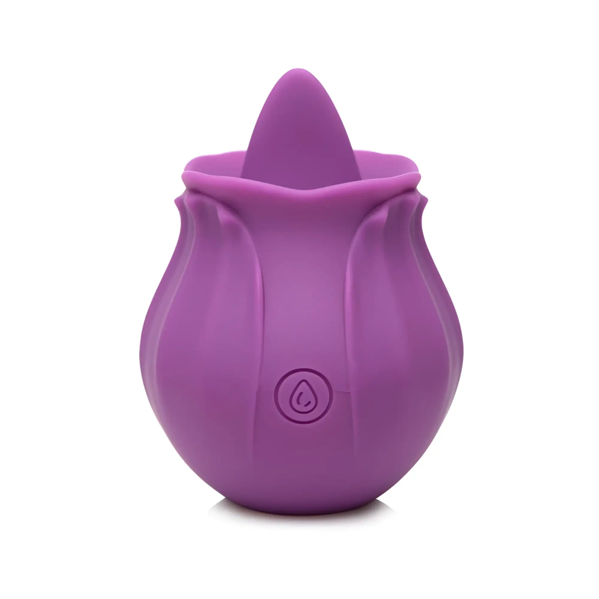 Purple silicone rose-shaped vibrator with rounded base and petal folds by bloomgasm wild violet 10x licking