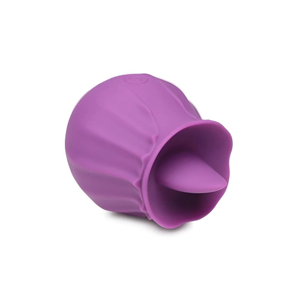 Purple silicone bloomgasm wild violet 10x licking toy with fluted cup exterior and tapered interior for stimulation