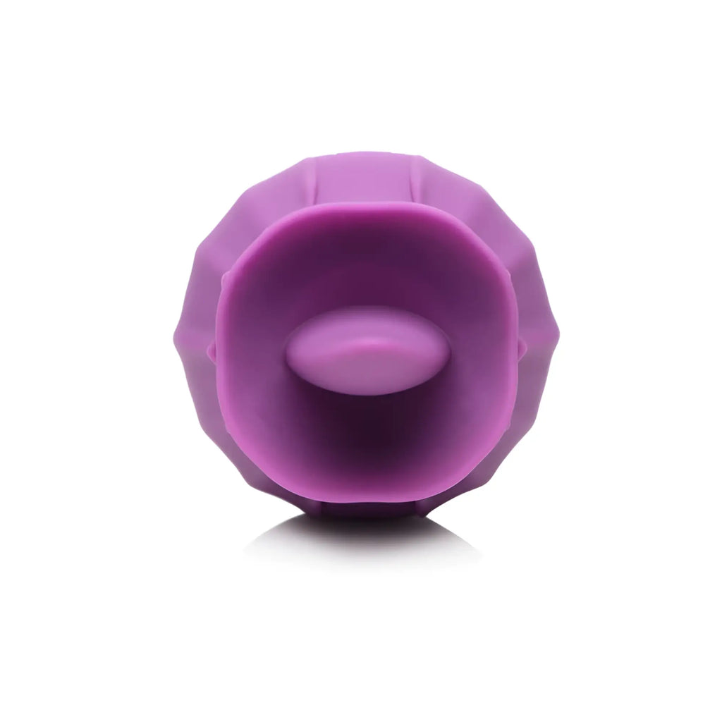 Purple silicone vibratory device bloomgasm wild violet 10x licking with faceted gemstone exterior and smooth central bulb