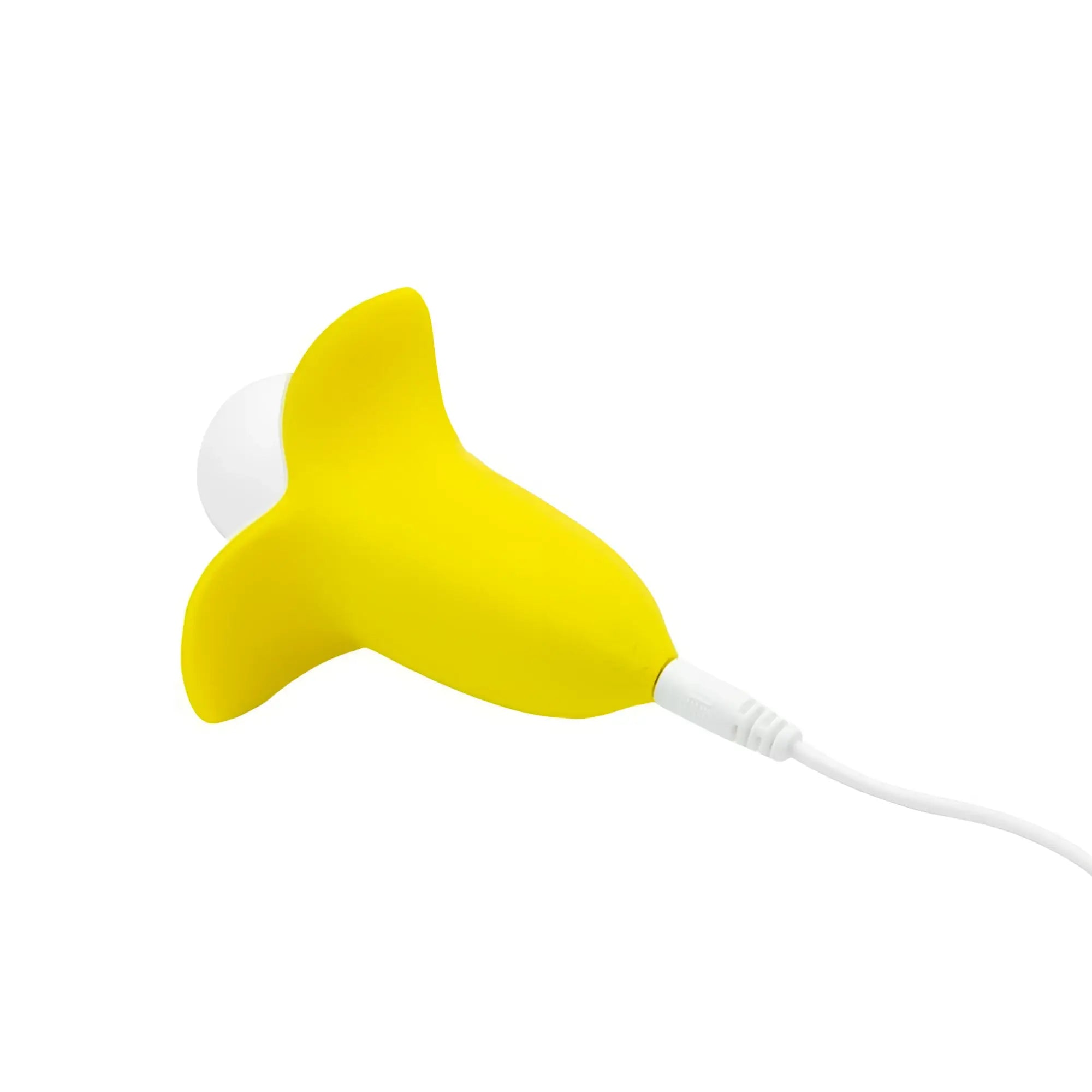 Bright yellow banana shaped usb powered led lamp with glossy silicone body and white cord from bms banana bliss massager
