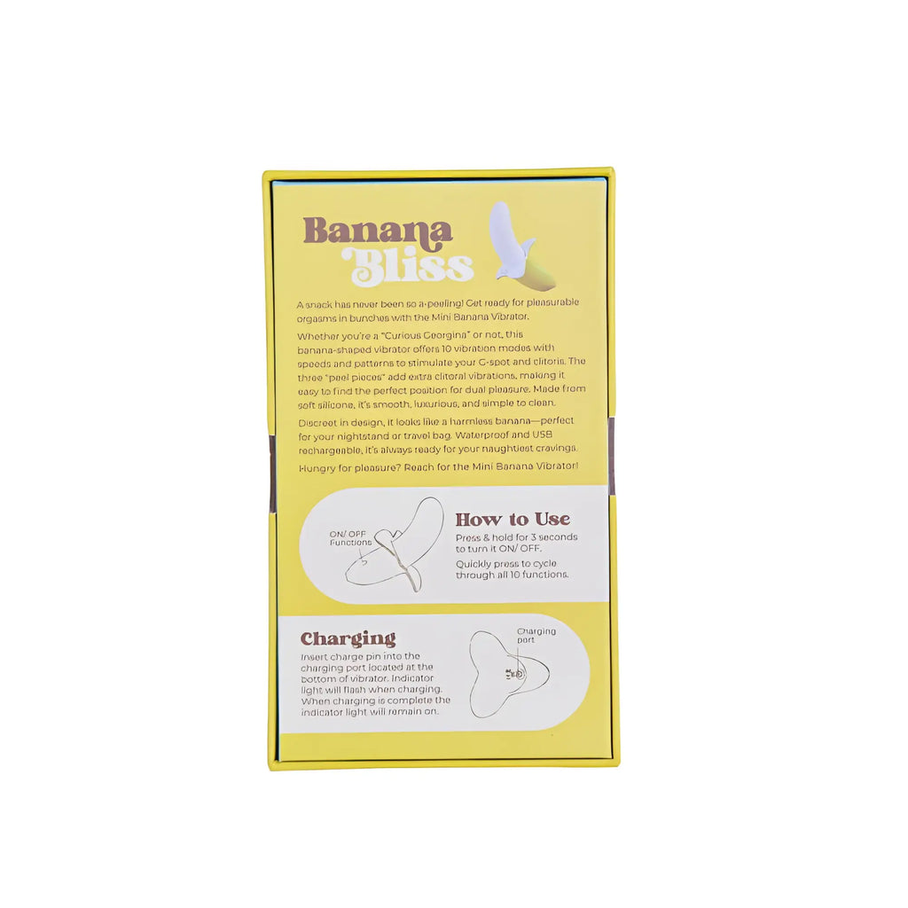 Yellow rectangular packaging for the bms banana bliss 13cm silicone slimline mini banana vibrator massager