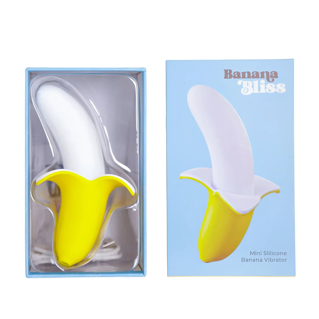 Yellow and white silicone banana bliss slimline vibrator massager in light blue box by BMS 13cm length