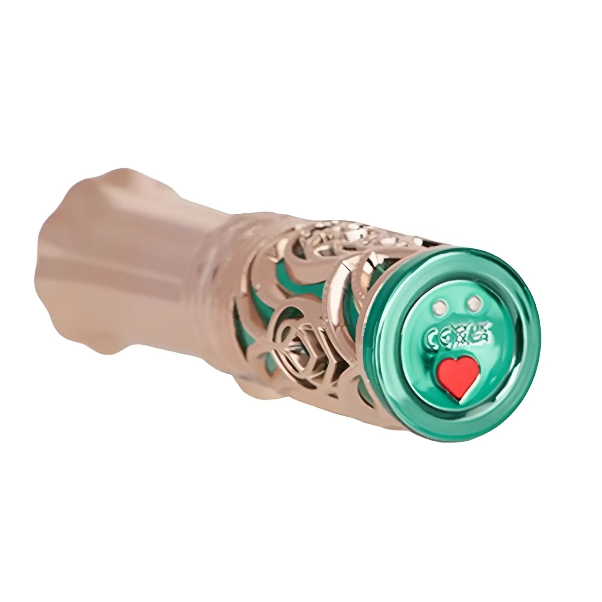 Rose gold bms emerald kiss 4 in 1 lipstick vibrator with floral cut-out tube and green cap featuring smiling face and red heart
