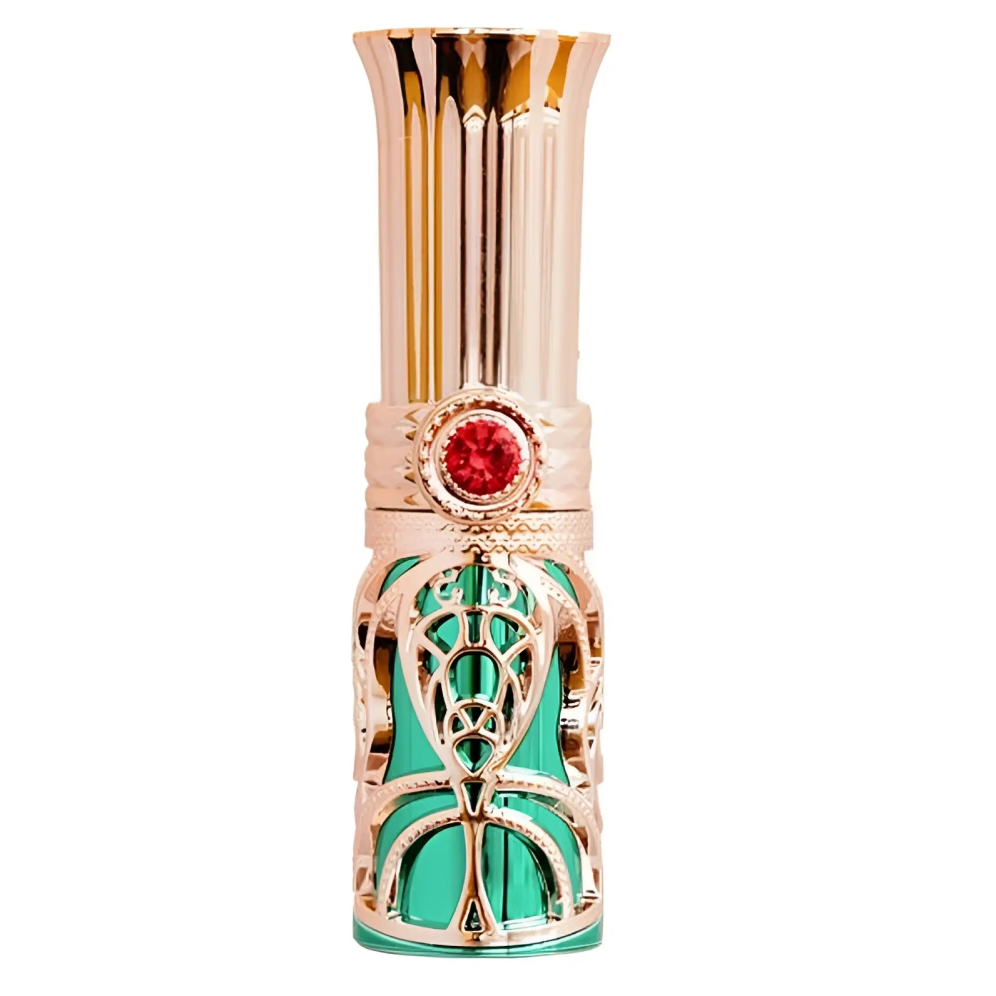 A rose gold ornate perfume bottle with teal glass body and red gemstone featured in bms emerald kiss 4 in 1 lipstick vibrator