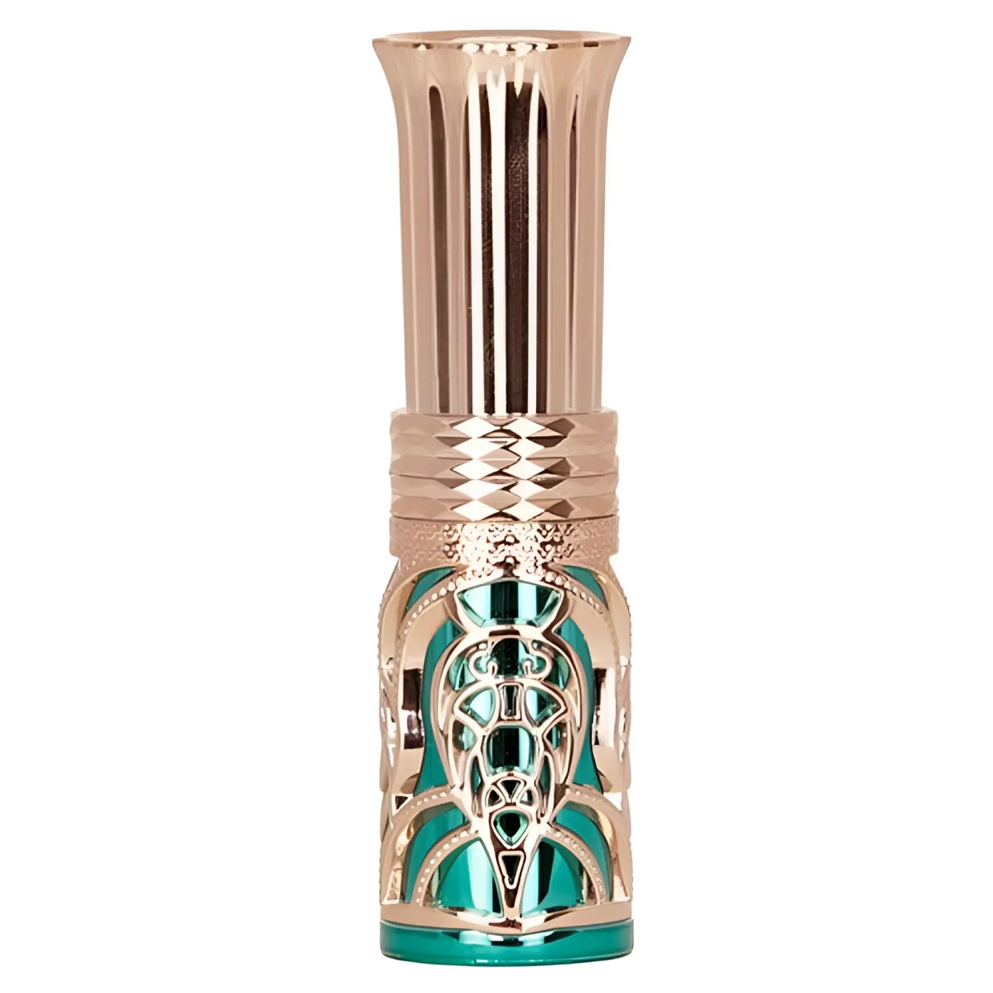 A rose gold and teal ornate bms emerald kiss 4 in 1 lipstick vibrator with intricate filigree detailing