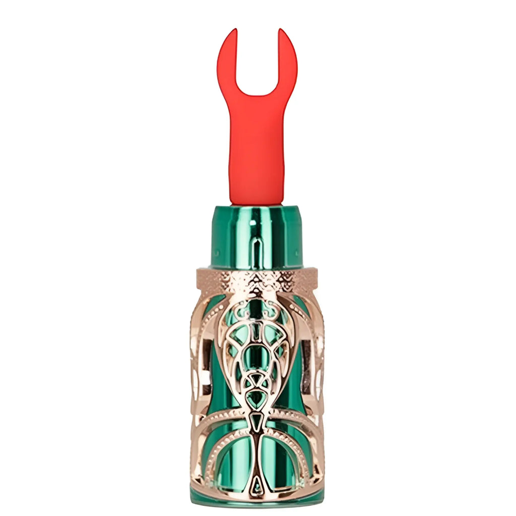 Bms emerald kiss 4 in 1 lipstick vibrator in emerald green and rose gold with ornate filigree and red u-shaped handle