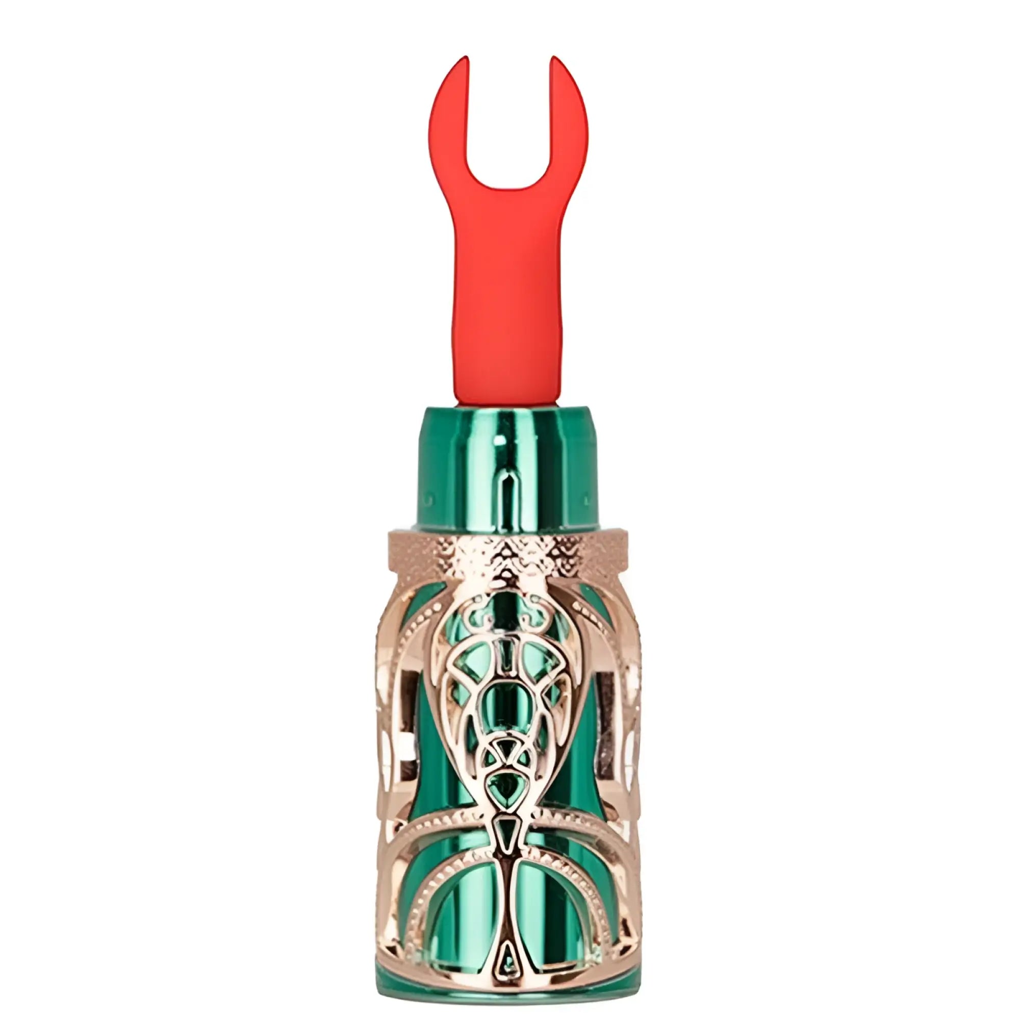 Bms emerald kiss 4 in 1 lipstick vibrator in emerald green and rose gold with ornate filigree and red u-shaped handle