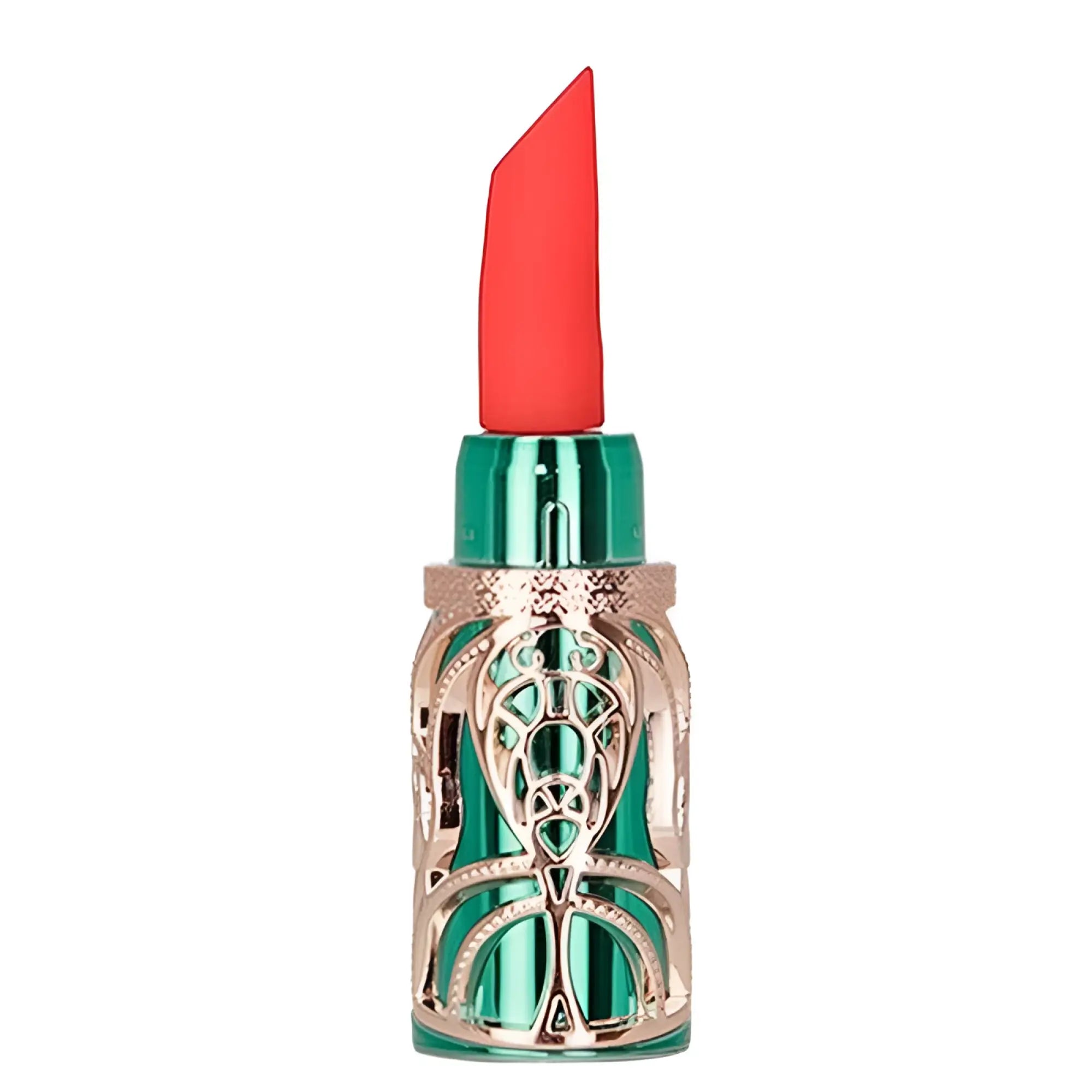 A vibrant coral-red bms emerald kiss 4 in 1 lipstick vibrator with glossy finish in ornate rose gold and emerald case
