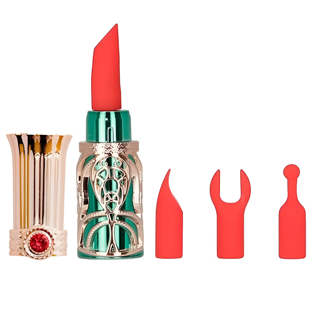 A vibrant coral-red bms emerald kiss 4 in 1 lipstick vibrator with metallic teal and gold ornate filigree casing