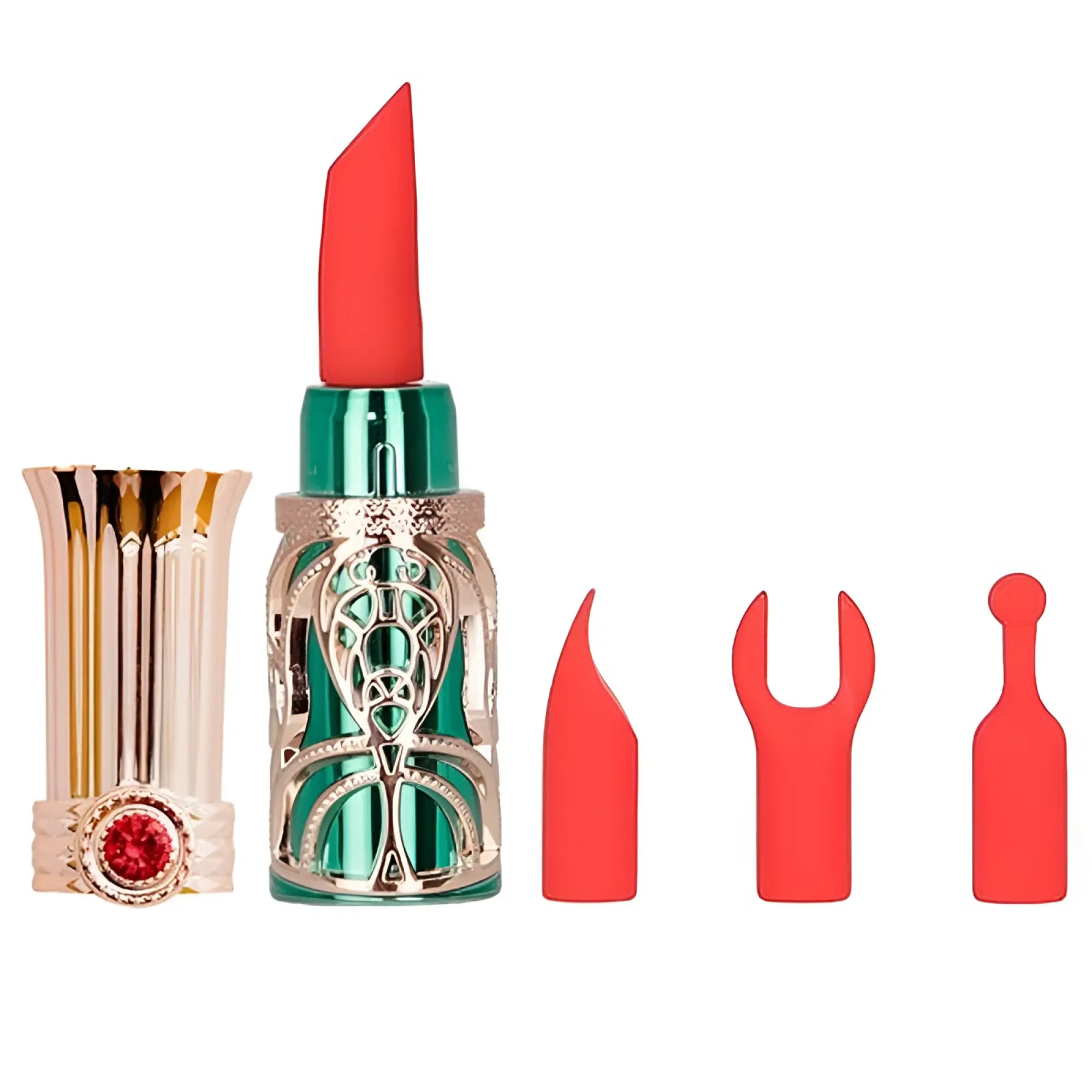 A vibrant coral-red bms emerald kiss 4 in 1 lipstick vibrator with metallic teal and gold ornate filigree casing