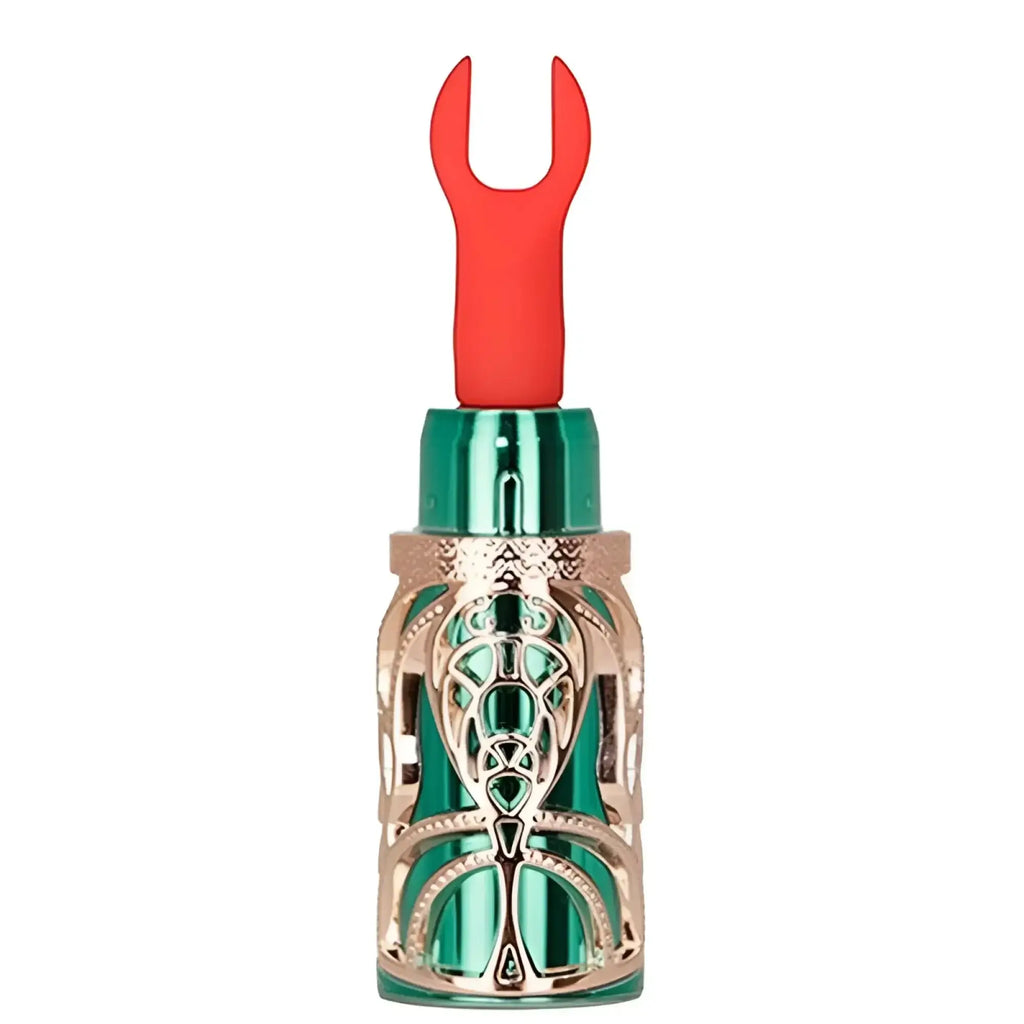 Bms emerald kiss 4 in 1 lipstick vibrator in emerald green and rose gold with ornate filigree and red u-shaped handle