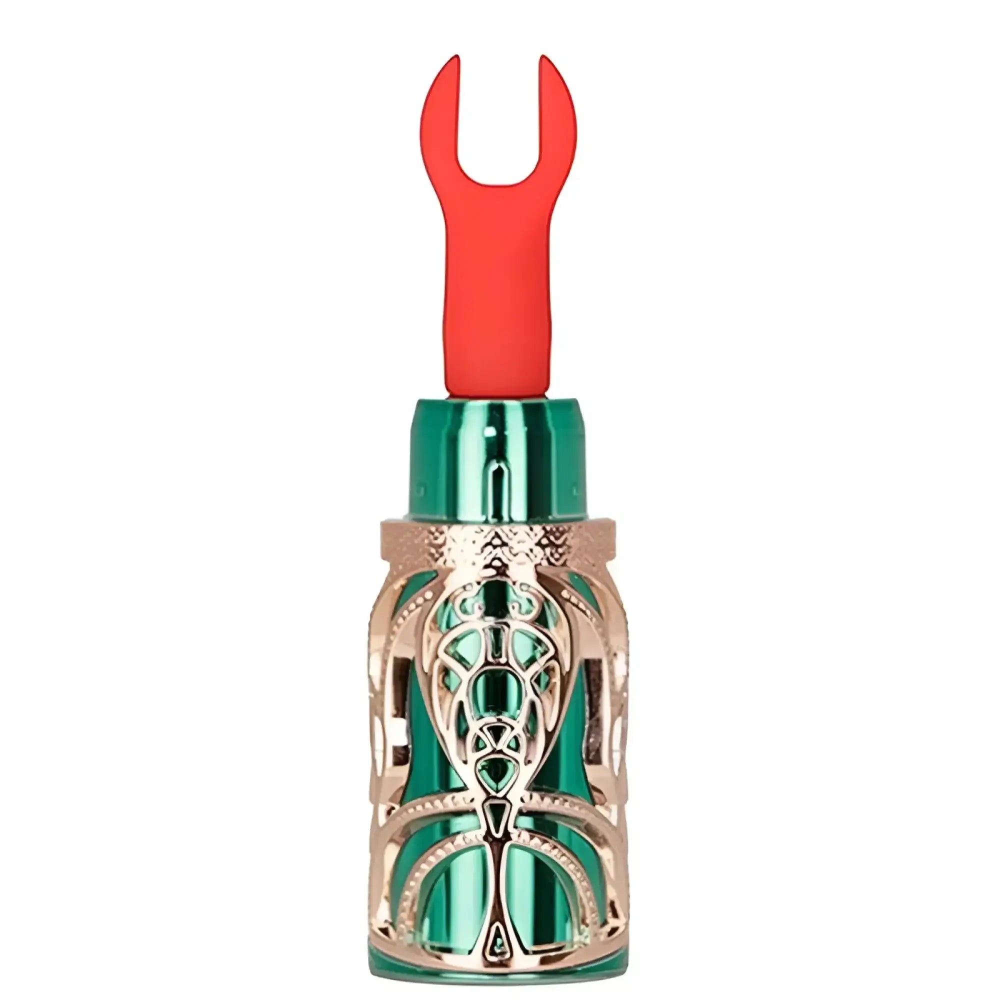 Bms emerald kiss 4 in 1 lipstick vibrator in emerald green and rose gold with ornate filigree and red u-shaped handle