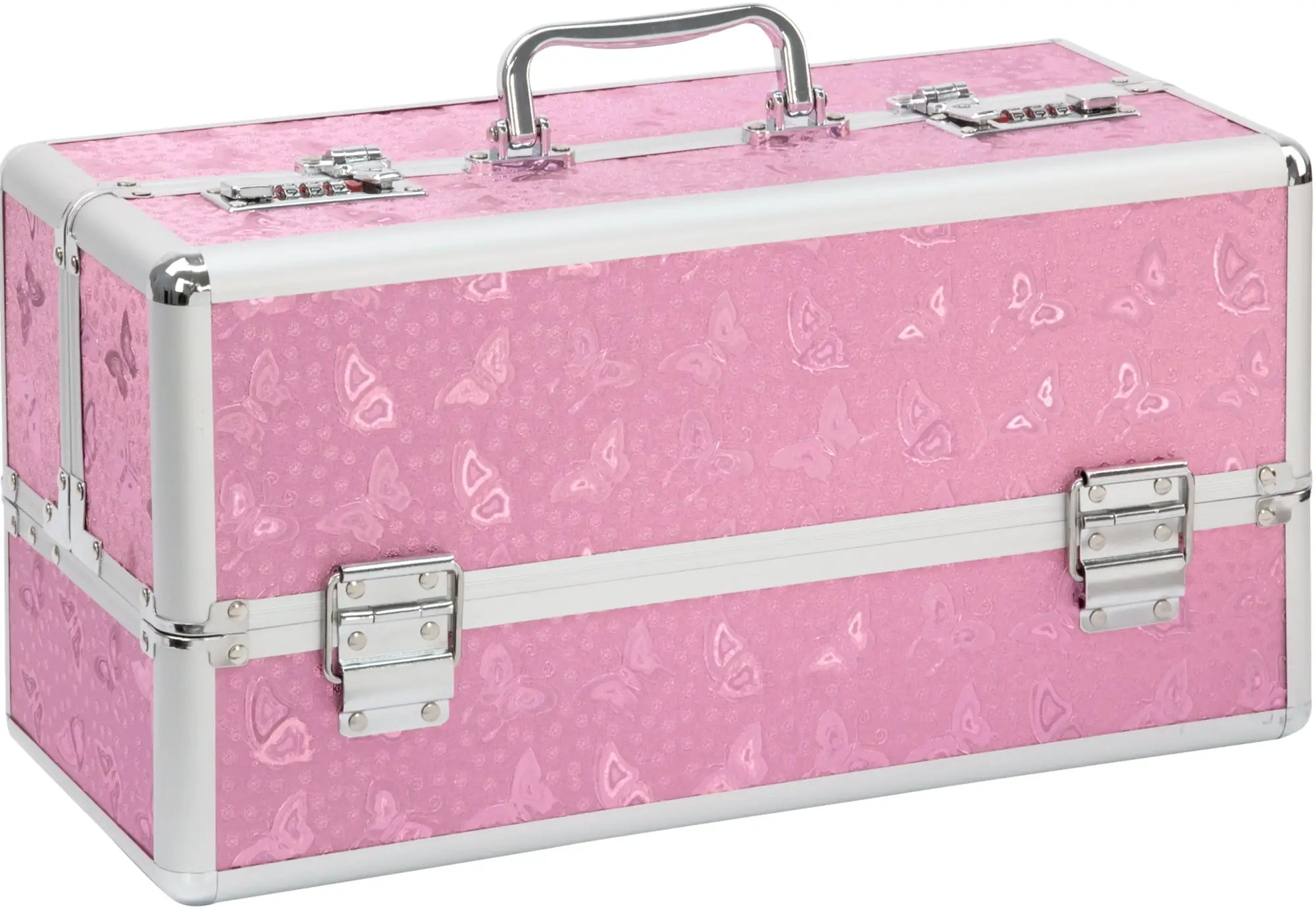 Bms lockable large vibrator case pink with silver aluminum trim butterfly pattern cosmetic case