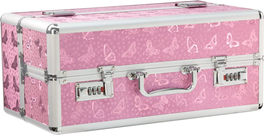 Pink butterfly-patterned large vibrator case with silver metal trim and combination locks by BMS
