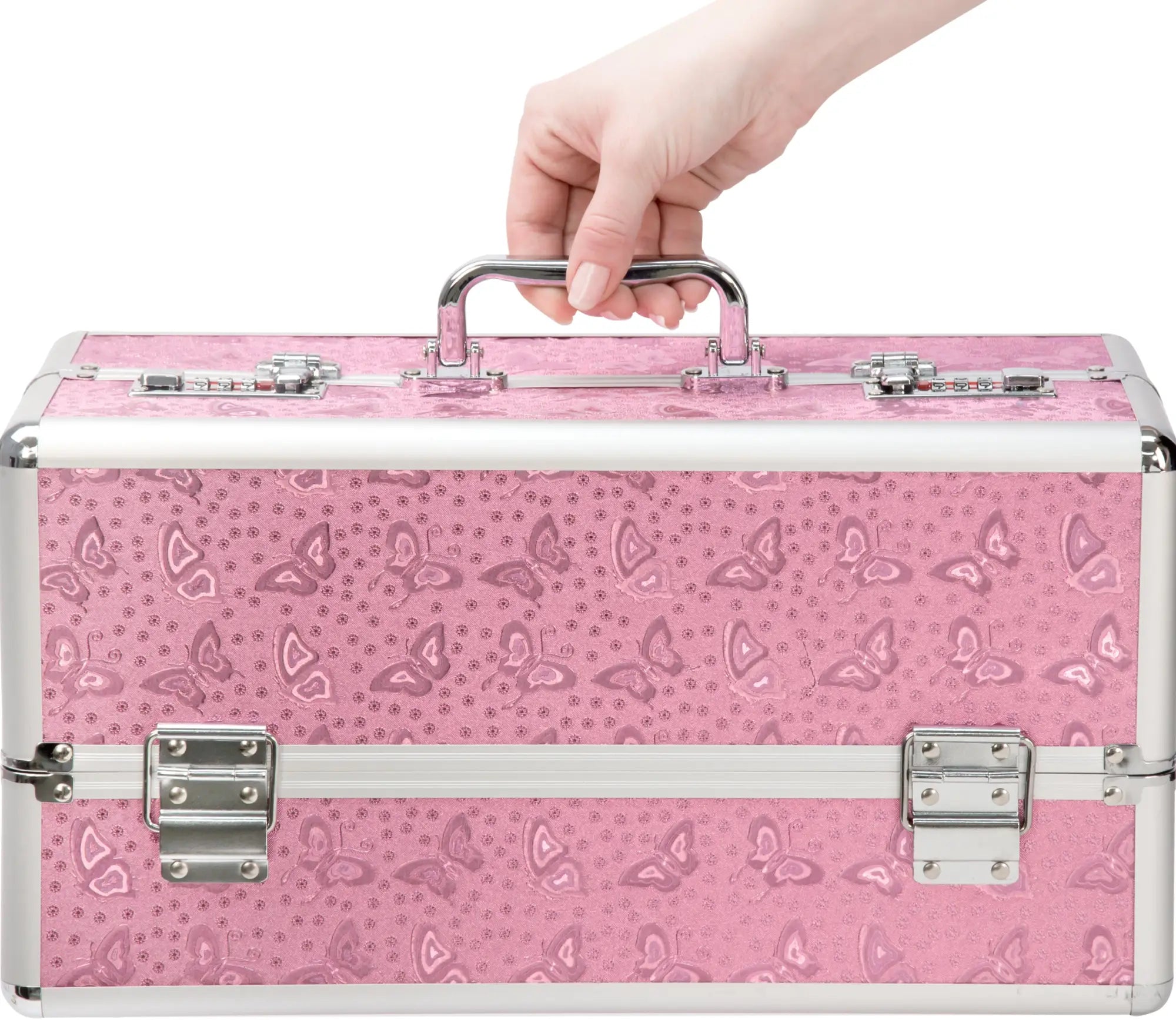 Pink butterfly-patterned lockable large vibrator case with silver metal trim and handle by bms