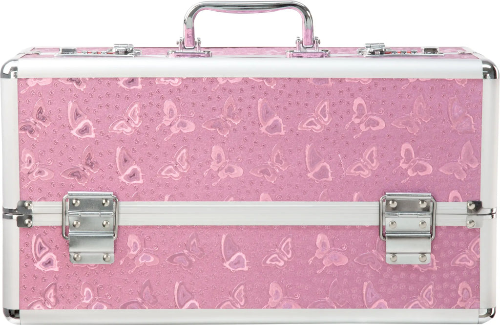Pink butterfly patterned lockable large vibrator case with silver metal trim and handle by bms