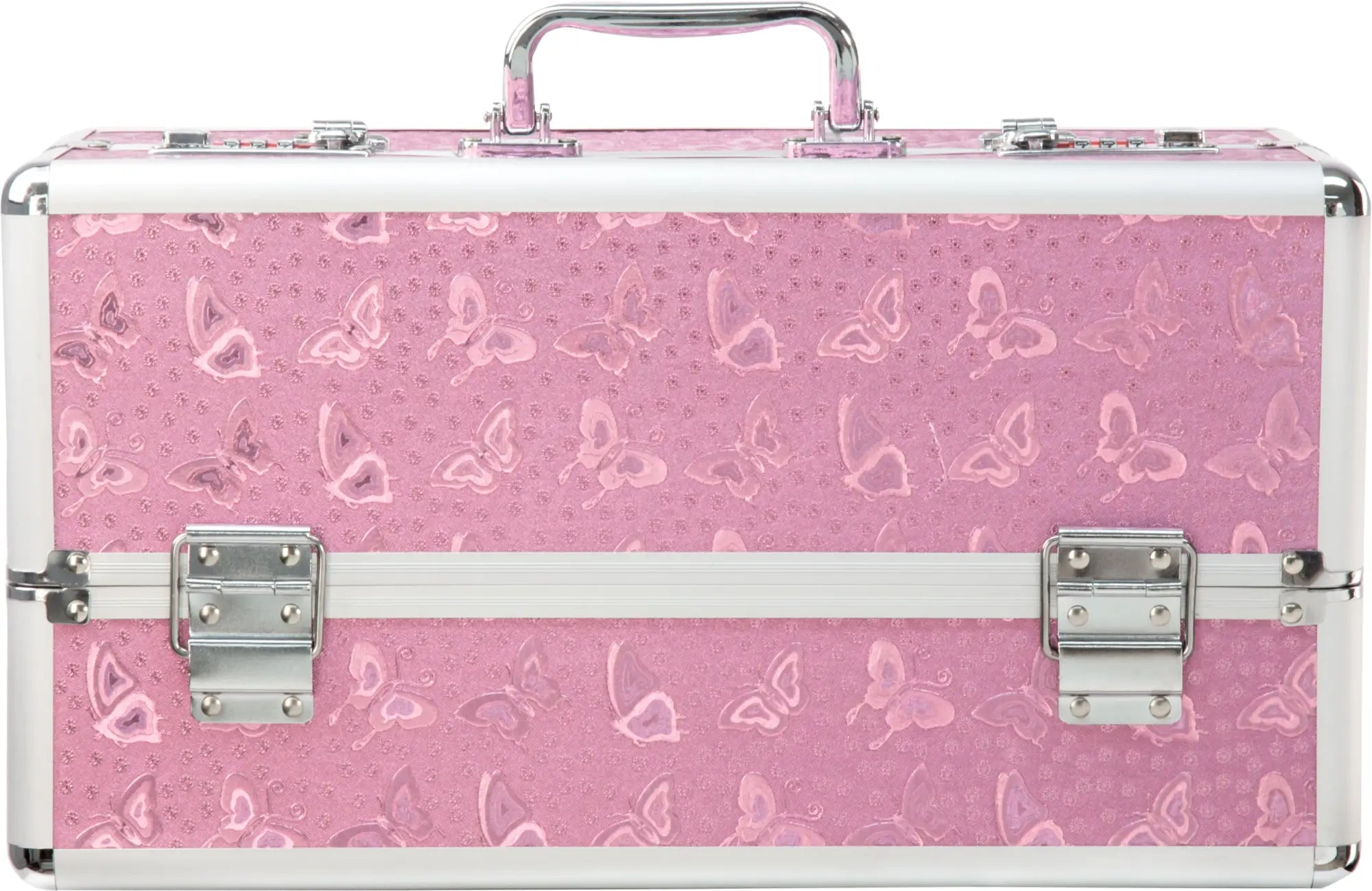 Pink butterfly patterned lockable large vibrator case with silver metal trim and handle by bms