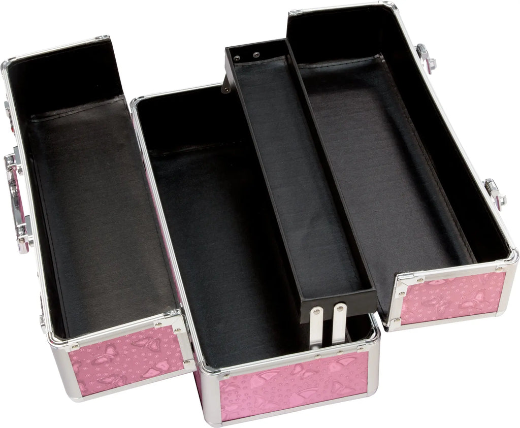 Pink and silver lockable large vibrator case with butterfly pattern on sides for secure storage