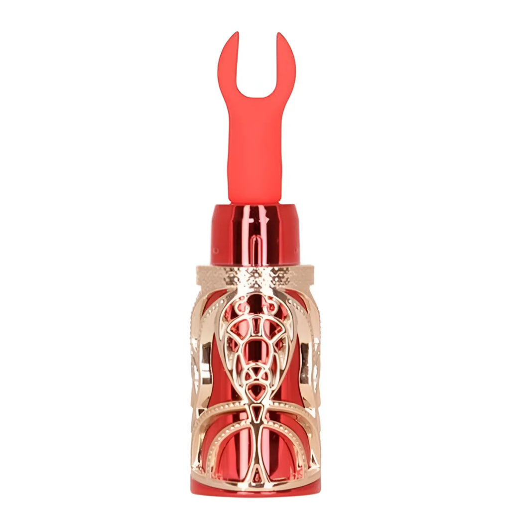 Bms ruby kiss 4 in 1 lipstick vibrator with red and gold metallic decorative bottle opener and intricate cut-out design