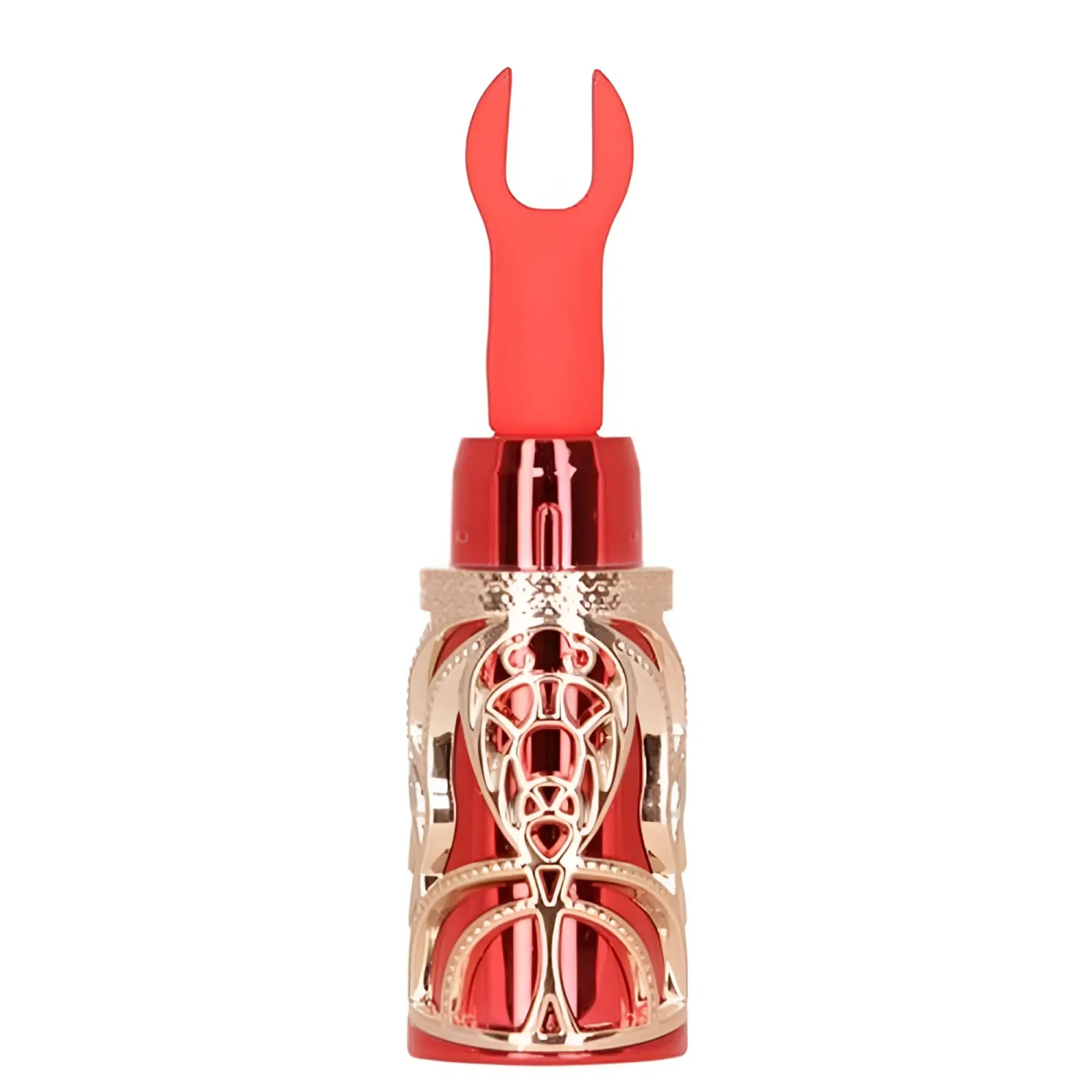 Bms ruby kiss 4 in 1 lipstick vibrator with red and gold metallic decorative bottle opener and intricate cut-out design