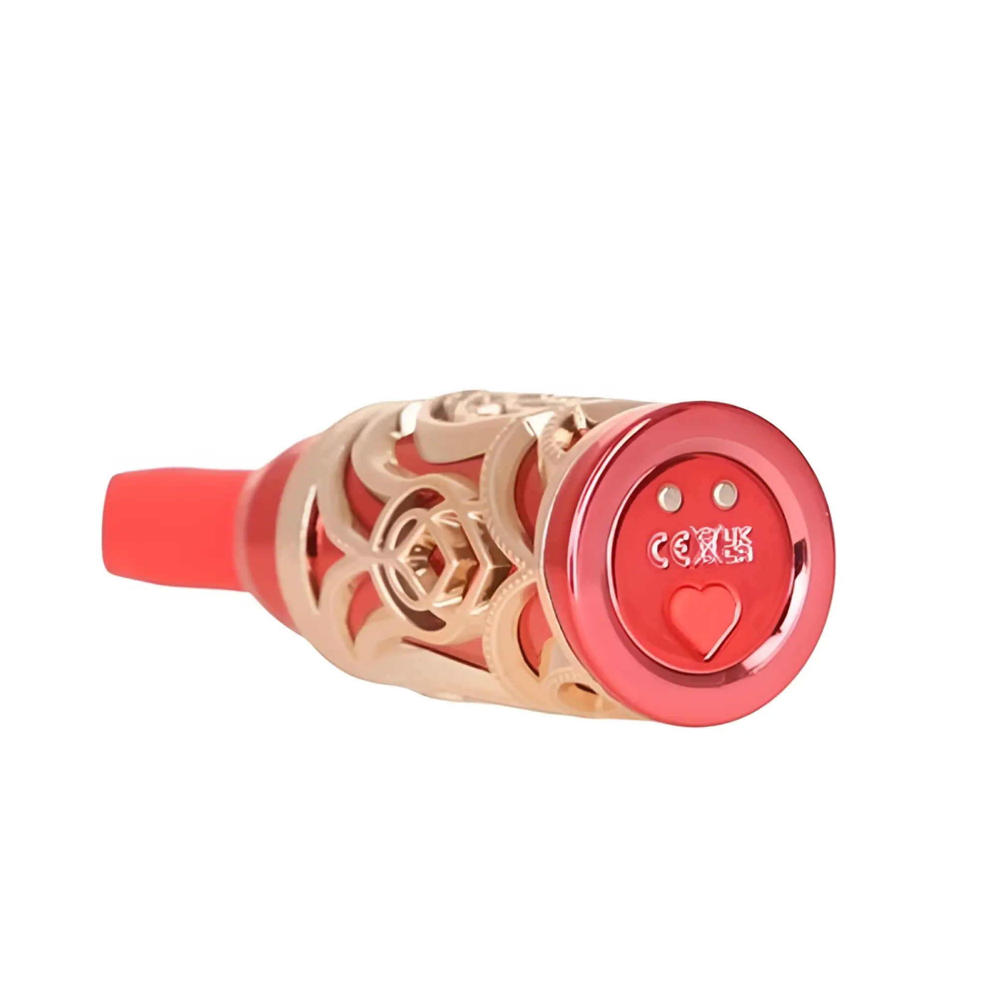 Red and gold ornate adult toy lipstick vibrator with heart-shaped button on base bms ruby kiss 4 in 1
