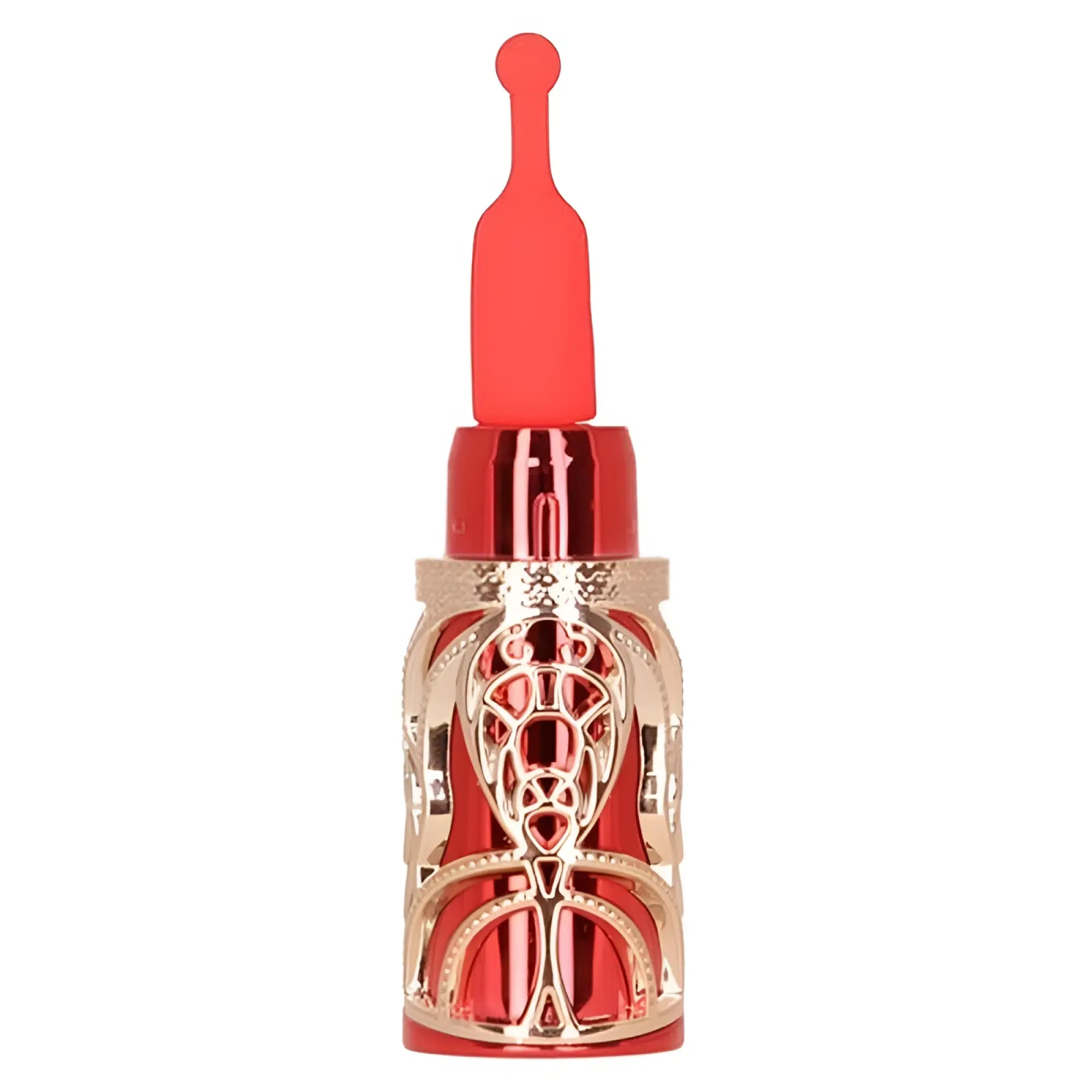 Red and gold ornate perfume bottle with matching red dropper featured in bms ruby kiss 4 in 1 lipstick vibrator product